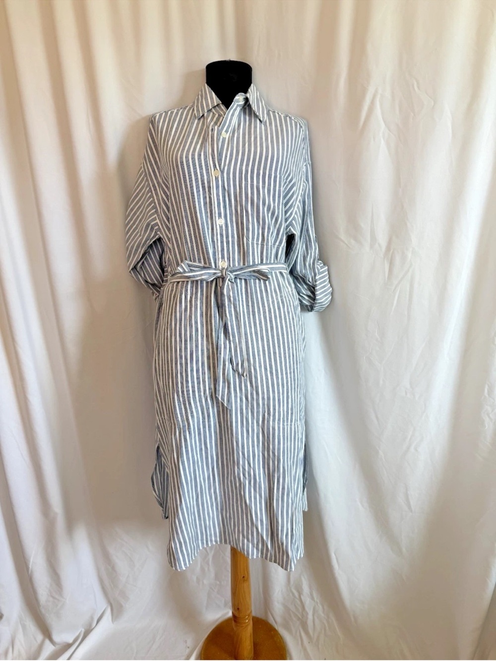 Max Studio Blue White Striped Midi Shirt Dress - Size Small